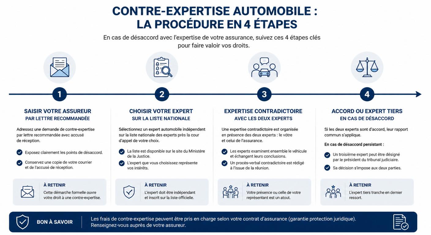 Infographie des quatre étapes de la procédure de contre-expertise automobile en France
