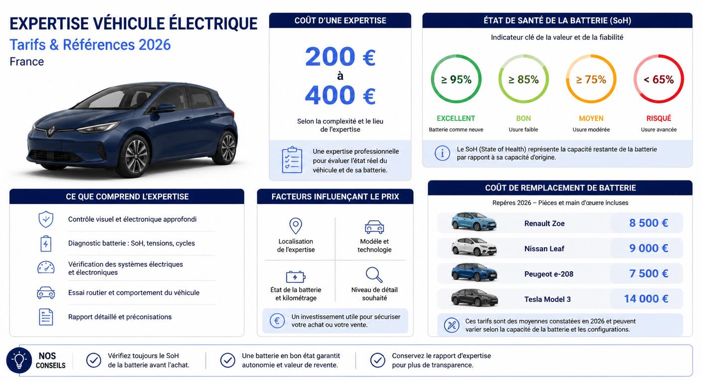 Infographie présentant le tarif d'une expertise de voiture électrique d'occasion et l'impact du SoH sur la valeur résiduelle