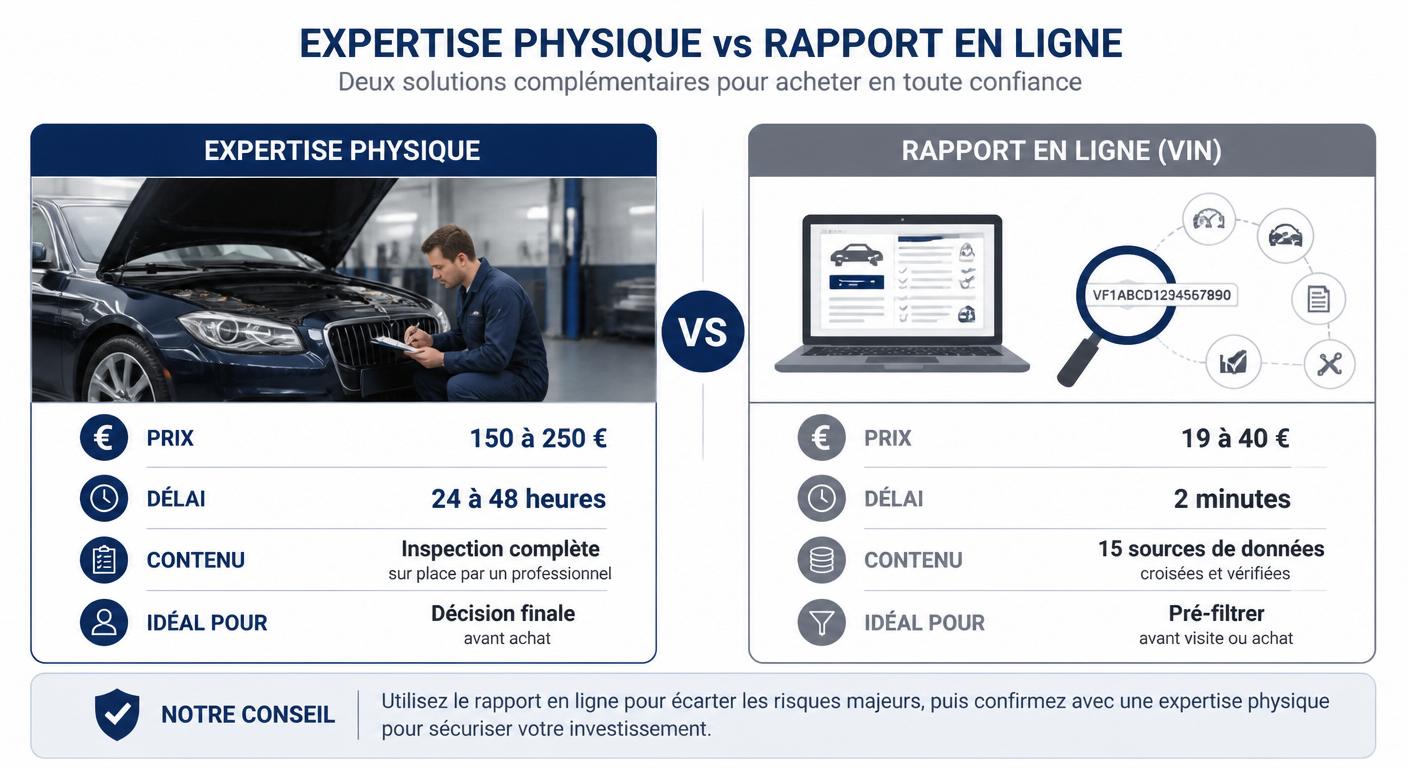 Infographie comparant l'expertise automobile physique et le rapport VIN en ligne sur le prix le délai et le périmètre de contrôle
