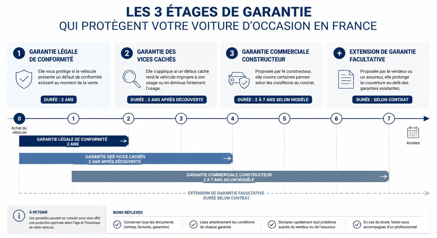 Infographie des trois étages de garantie protégeant une voiture d'occasion en France