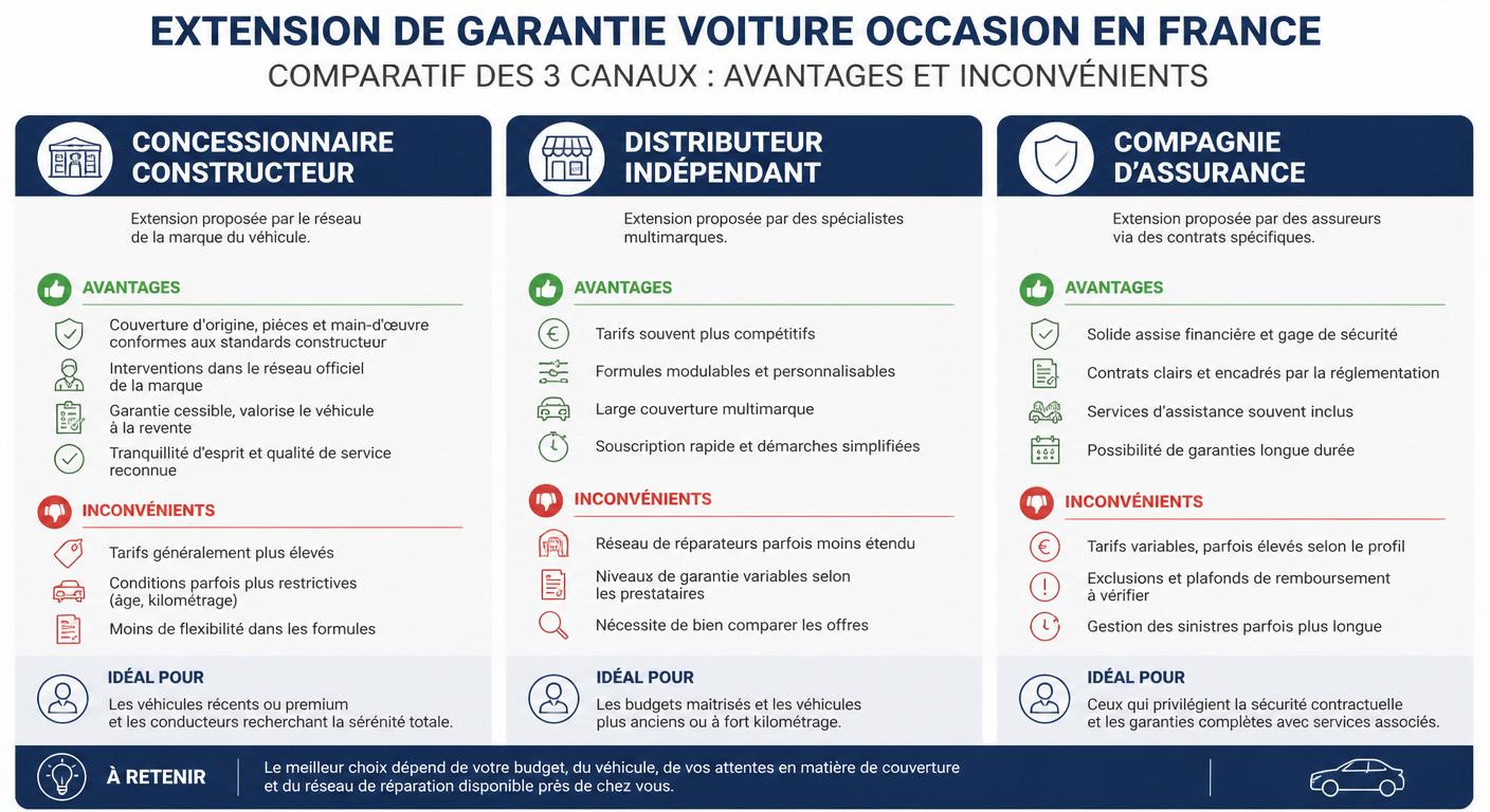 Infographie comparative des trois canaux d'extension de garantie voiture occasion en France