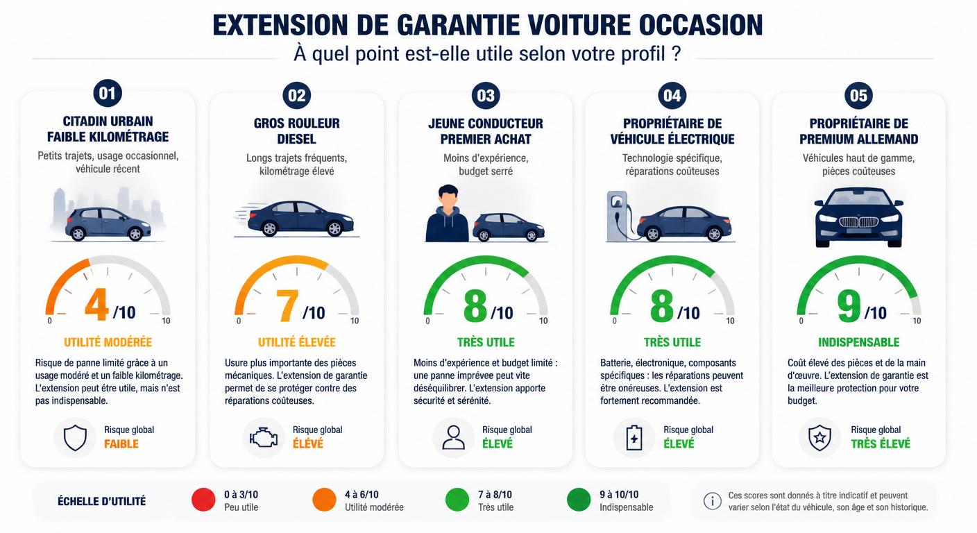 Infographie des scores d'utilité d'une extension de garantie voiture occasion selon le profil acheteur