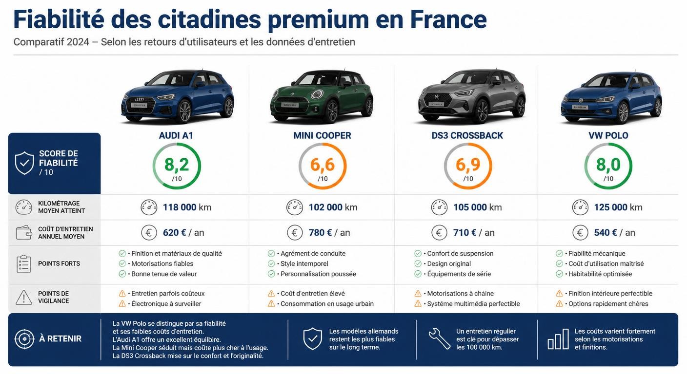 Infographie comparant la fiabilité de l'Audi A1 avec les citadines premium concurrentes
