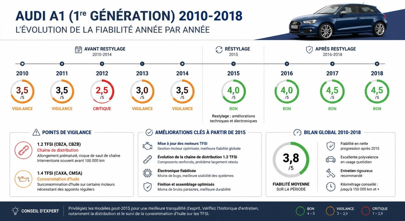 Chronologie des points de vigilance fiabilité de l'Audi A1 première génération 2010-2018