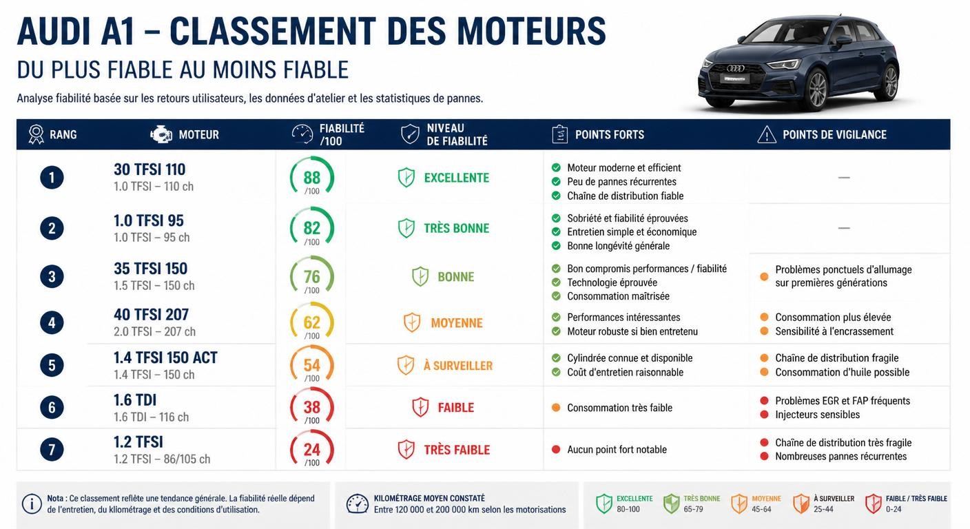 Classement des moteurs Audi A1 du plus fiable au plus problématique
