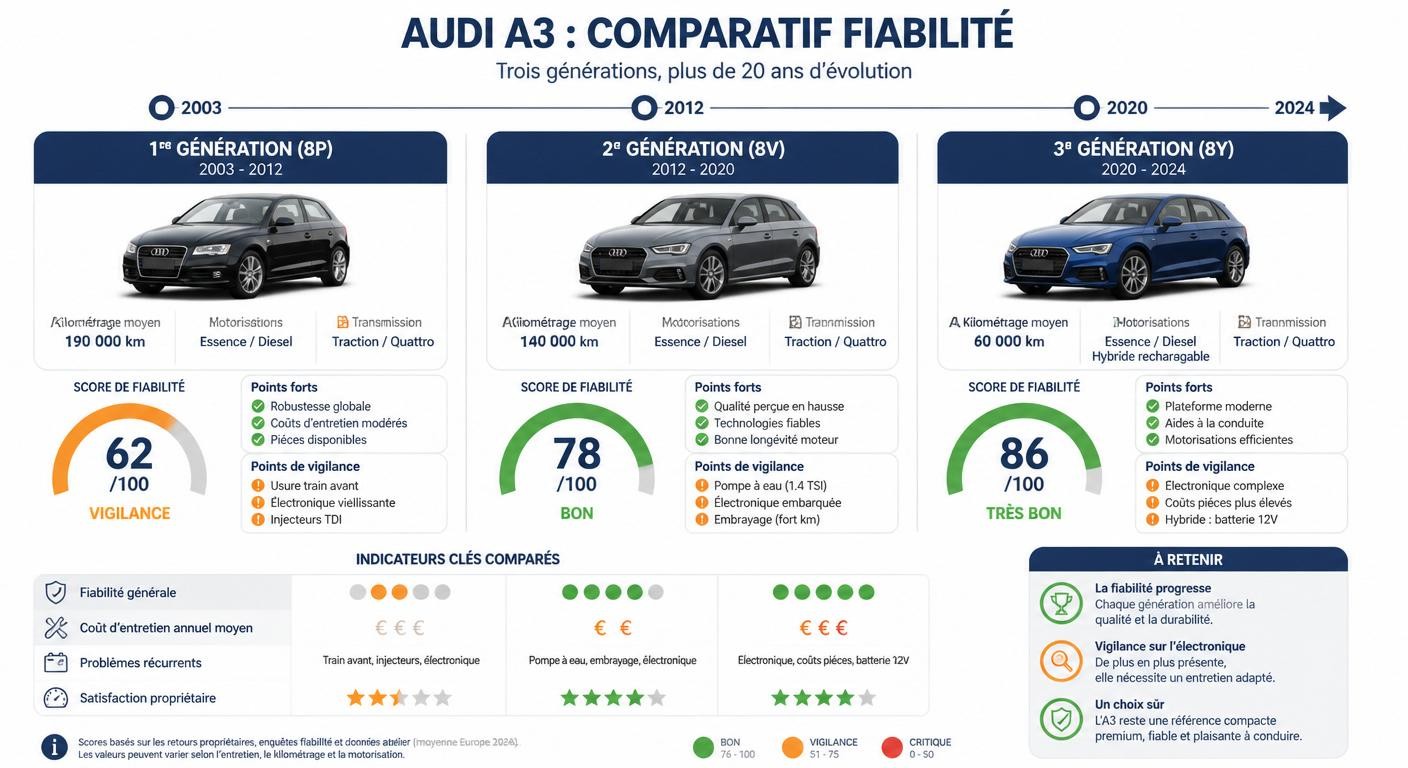 Infographie comparant la fiabilité des trois générations d'Audi A3 (8P, 8V, 8Y) de 2003 à 2024