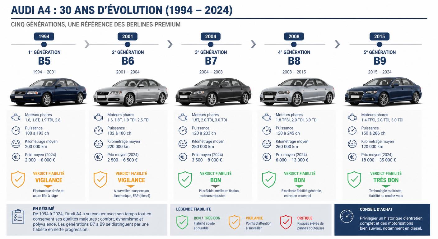 Frise chronologique de la fiabilité des générations d'Audi A4 de la B5 à la B9