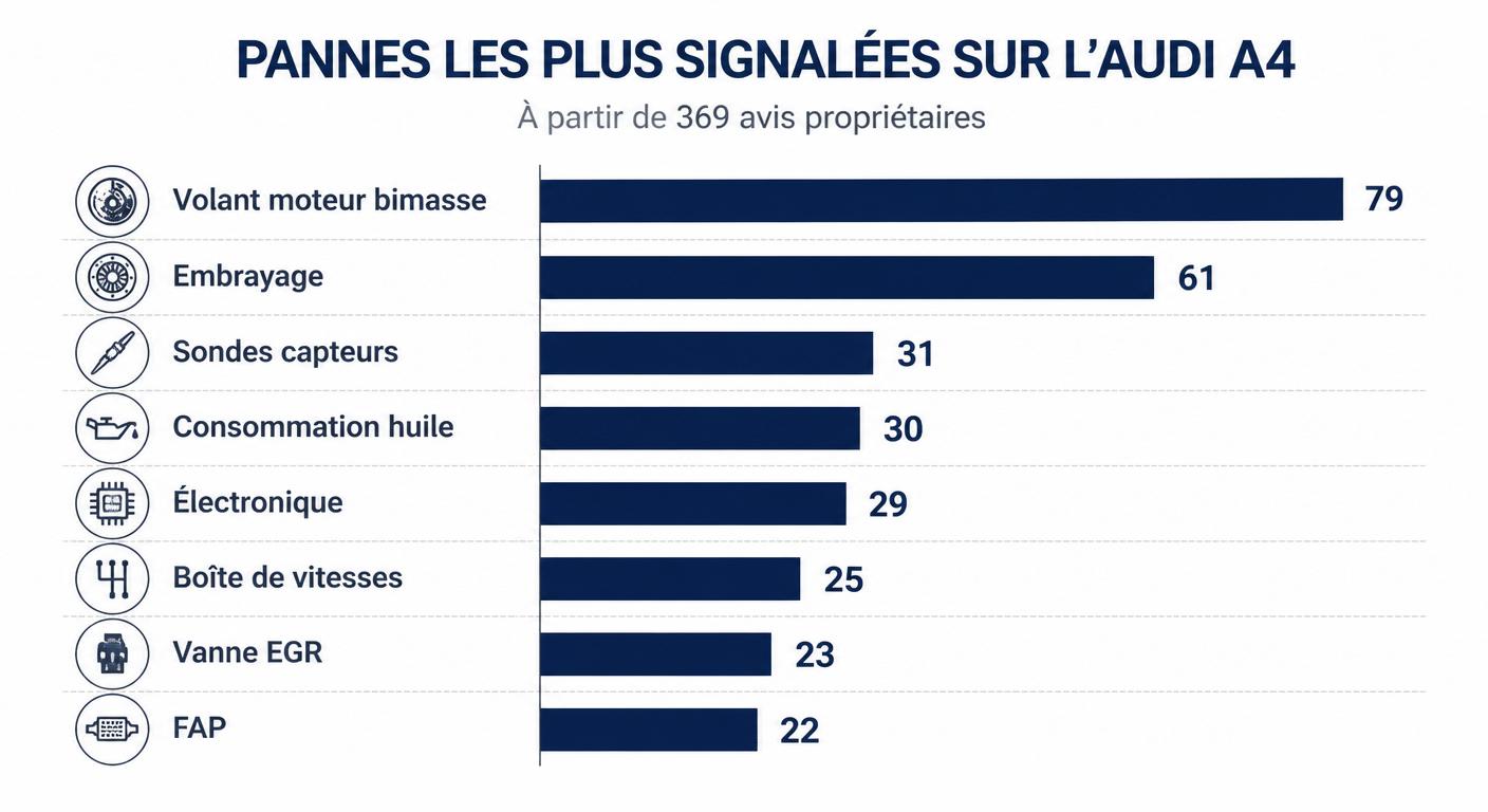 Classement des pannes les plus signalées sur l'Audi A4 à partir de 369 avis propriétaires