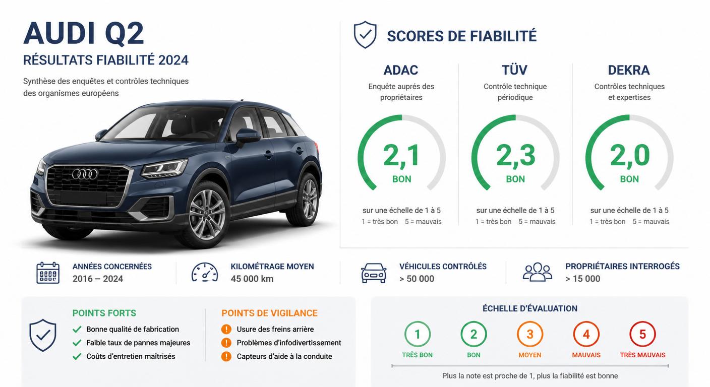Scores de fiabilité Audi Q2 selon ADAC, TÜV et DEKRA