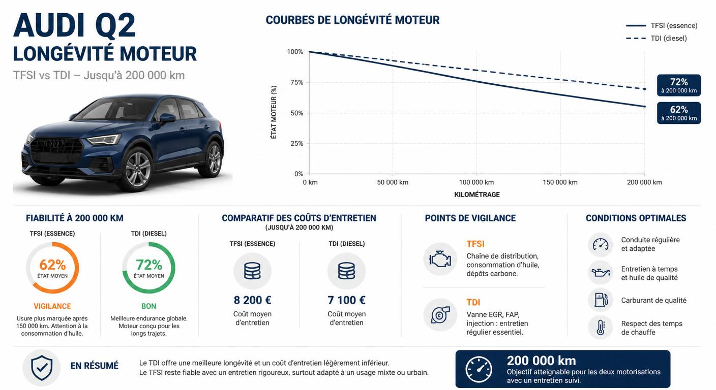 Courbes de longévité des moteurs Audi Q2 jusqu'à 200 000 km