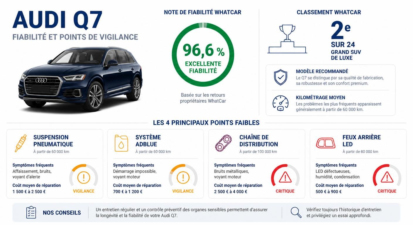 Infographie de synthèse de la fiabilité de l'Audi Q7 avec score WhatCar et quatre points faibles principaux