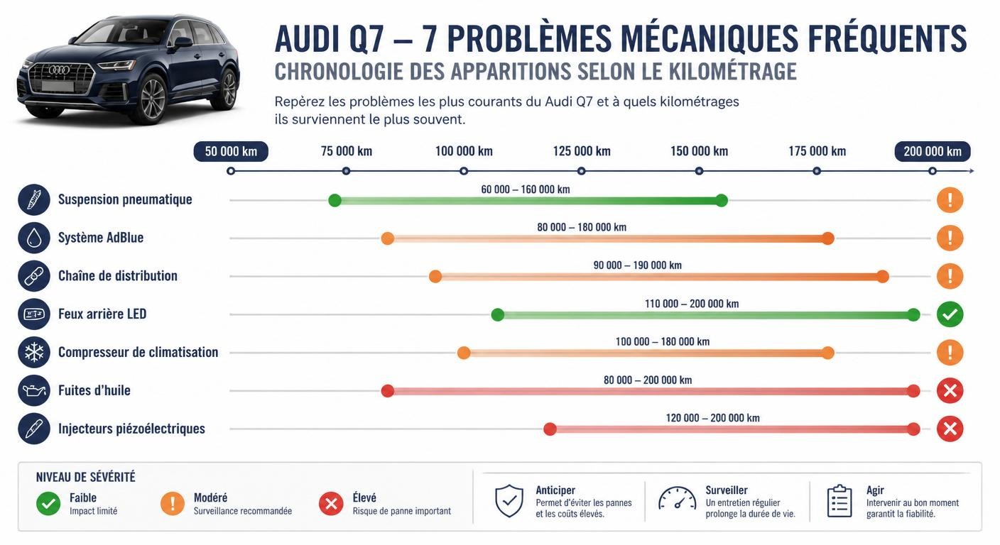 Frise chronologique des sept pannes les plus fréquentes de l'Audi Q7 par kilométrage