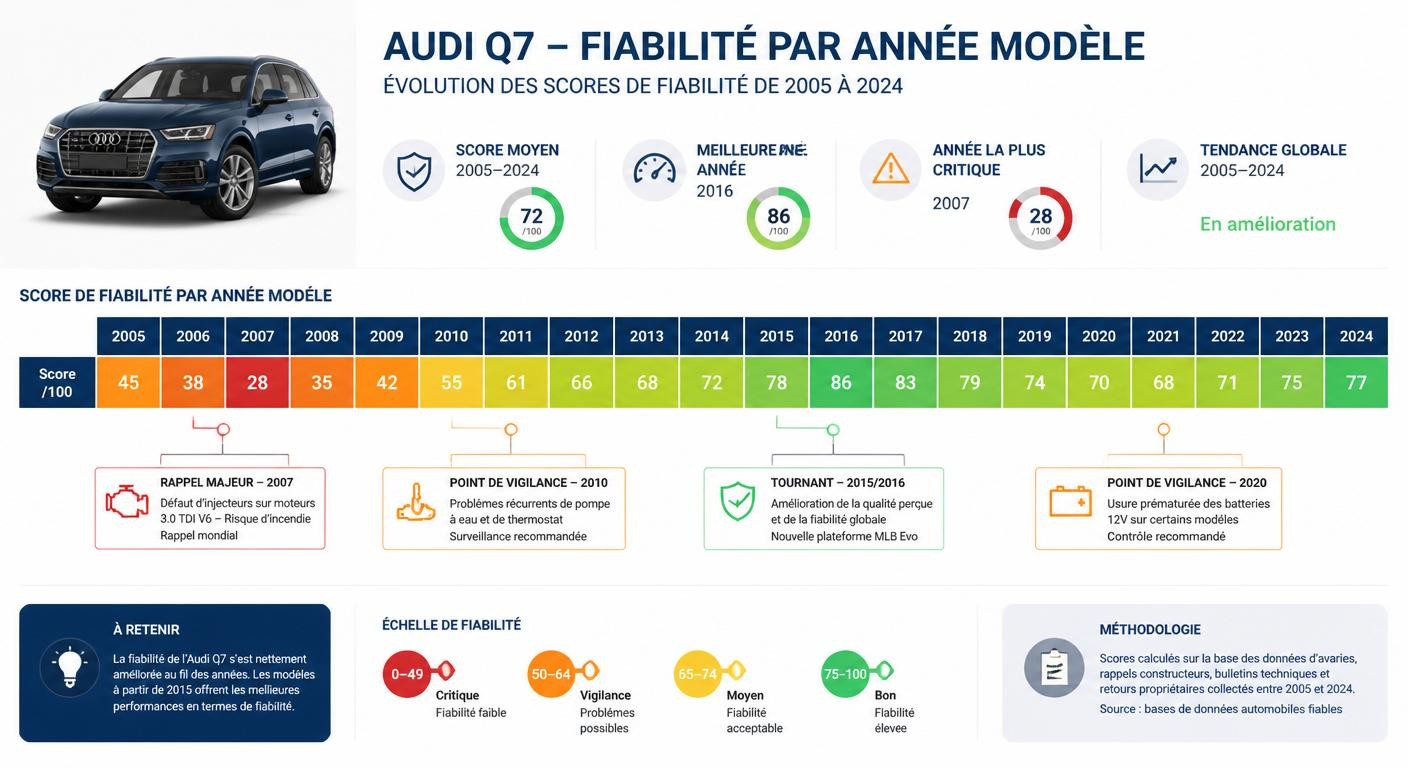 Heatmap de fiabilité de l'Audi Q7 année par année avec rappels constructeur et années à éviter