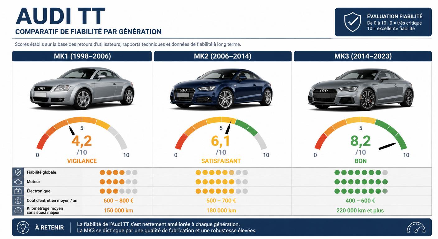Infographie comparant les scores de fiabilité des trois générations d'Audi TT (MK1, MK2, MK3) sur une échelle de 0 à 10