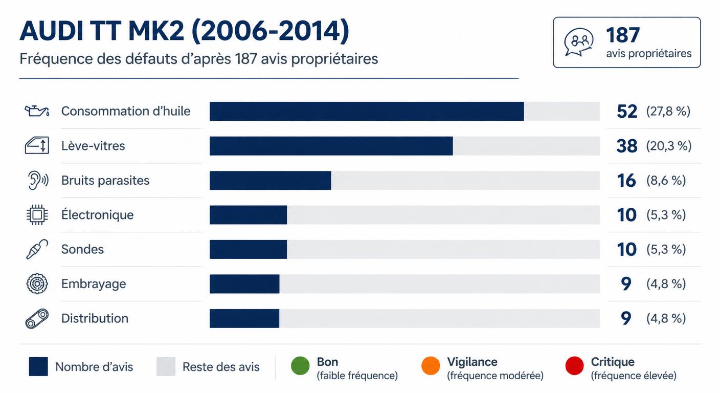 Infographie en barres des défauts les plus fréquents sur Audi TT MK2 mesurés sur 187 avis propriétaires