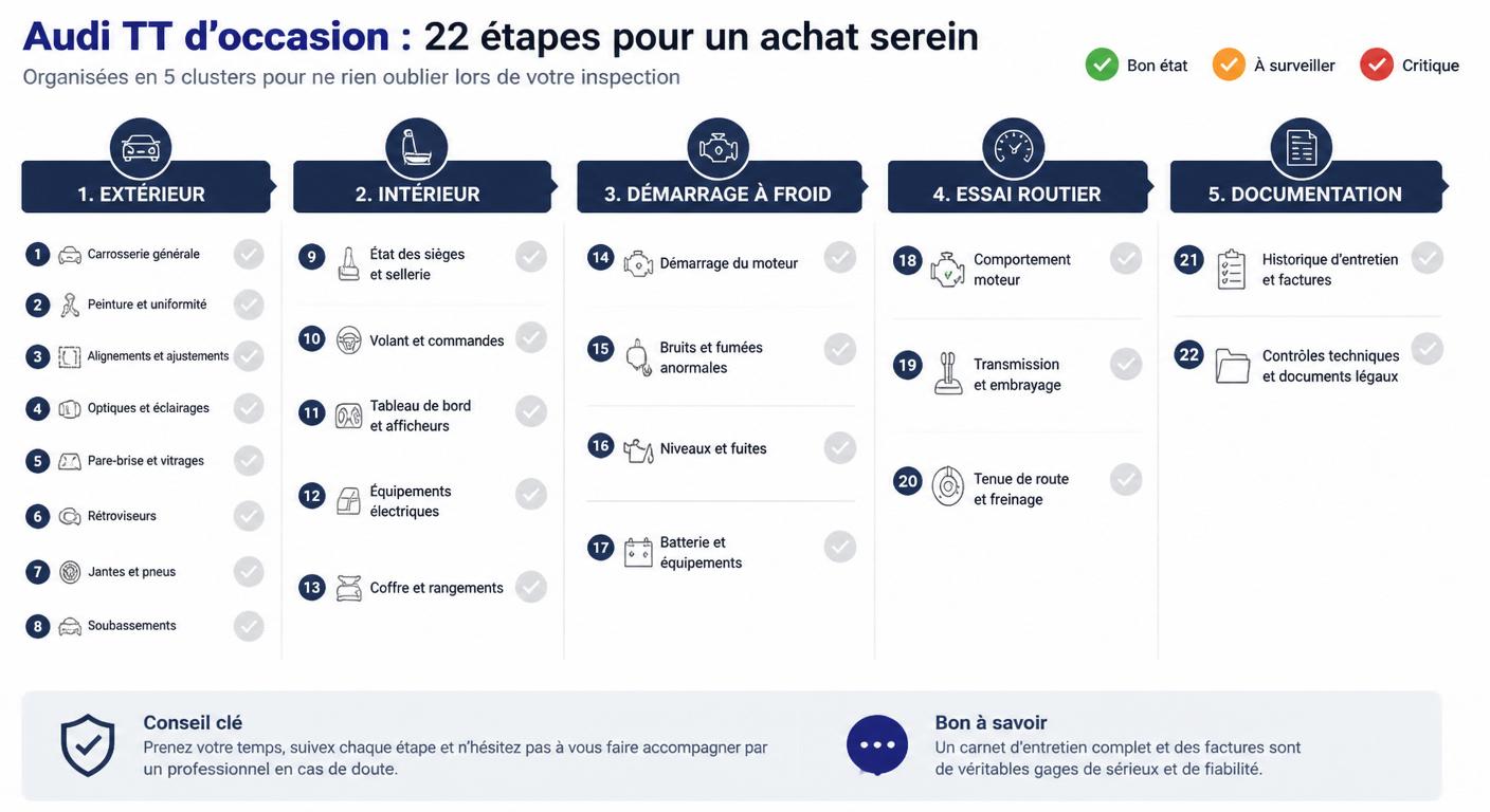 Infographie en flux des 22 points d'inspection à réaliser avant d'acheter une Audi TT d'occasion