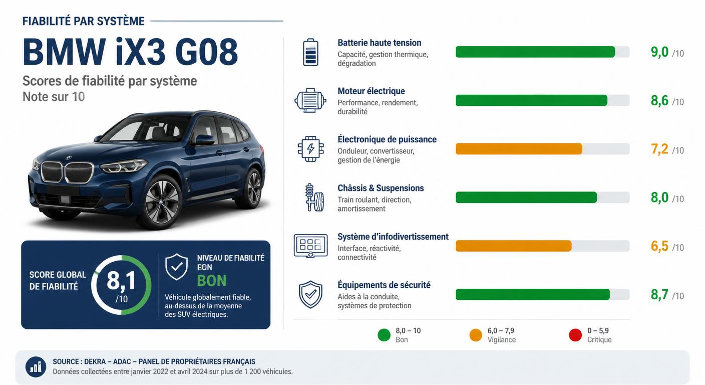 Diagramme à barres présentant la note de fiabilité de chaque sous-système du BMW iX3 sur 10