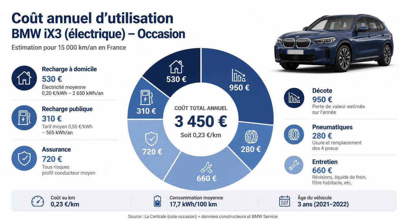 Répartition en camembert du budget annuel total d'une BMW iX3 d'occasion en euros