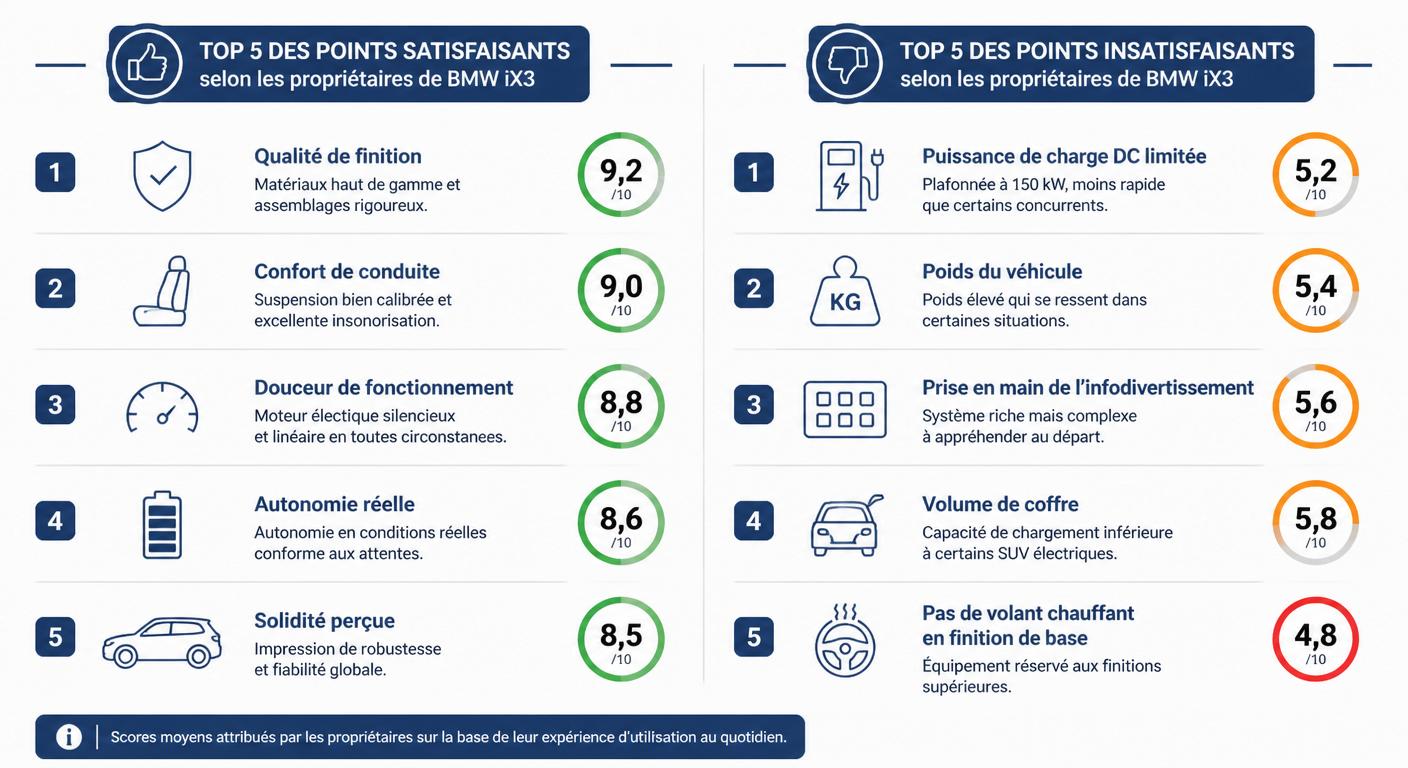 Tableau visuel des cinq principaux points forts et points faibles remontés par les propriétaires de BMW iX3