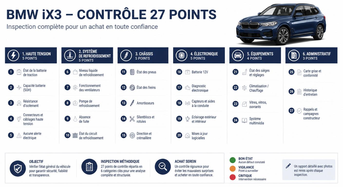 Visualisation des 27 points d'inspection regroupés en six familles pour expertiser une BMW iX3 d'occasion