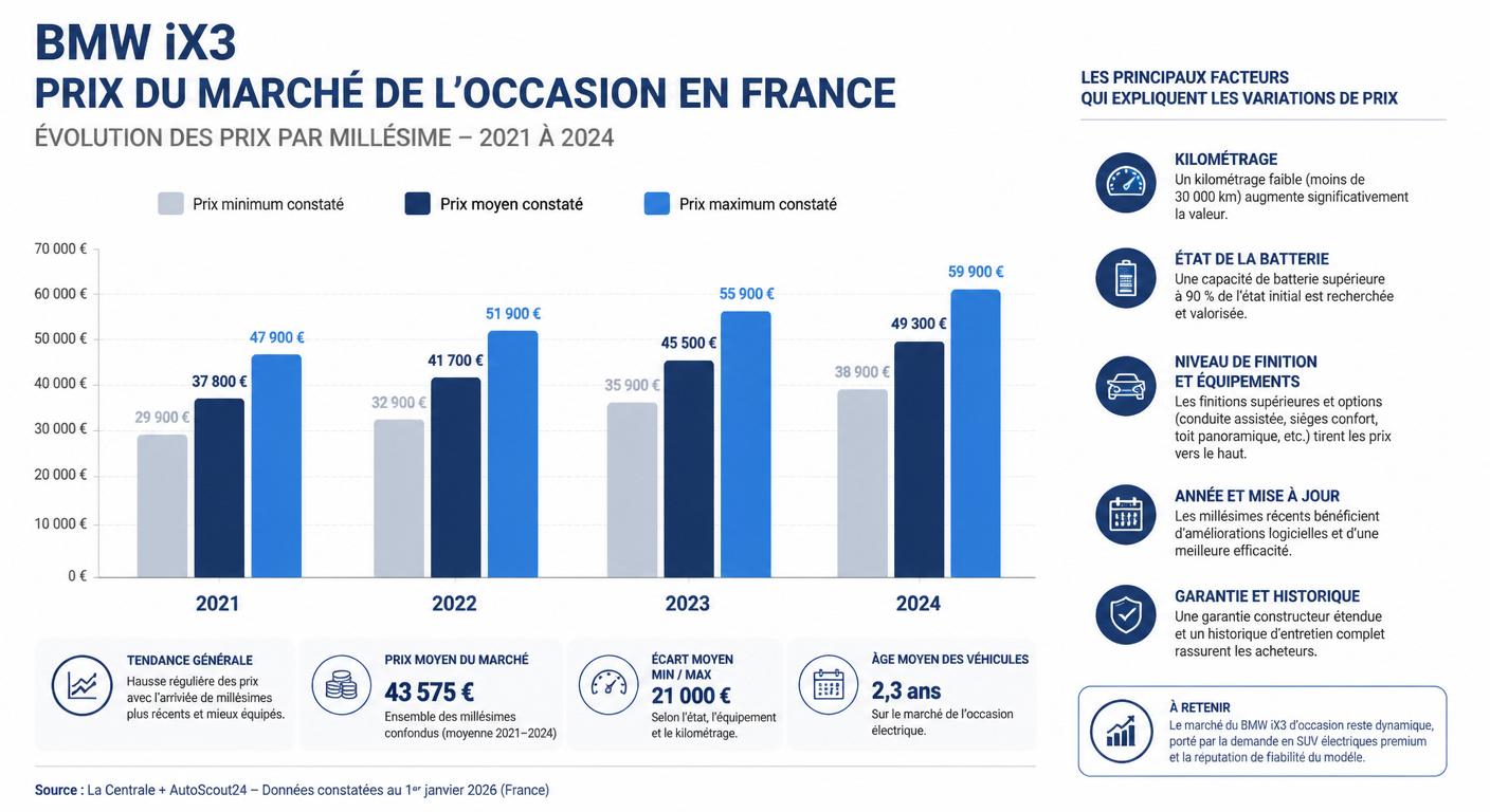 Graphique des fourchettes de prix de la BMW iX3 d'occasion par millésime sur le marché français