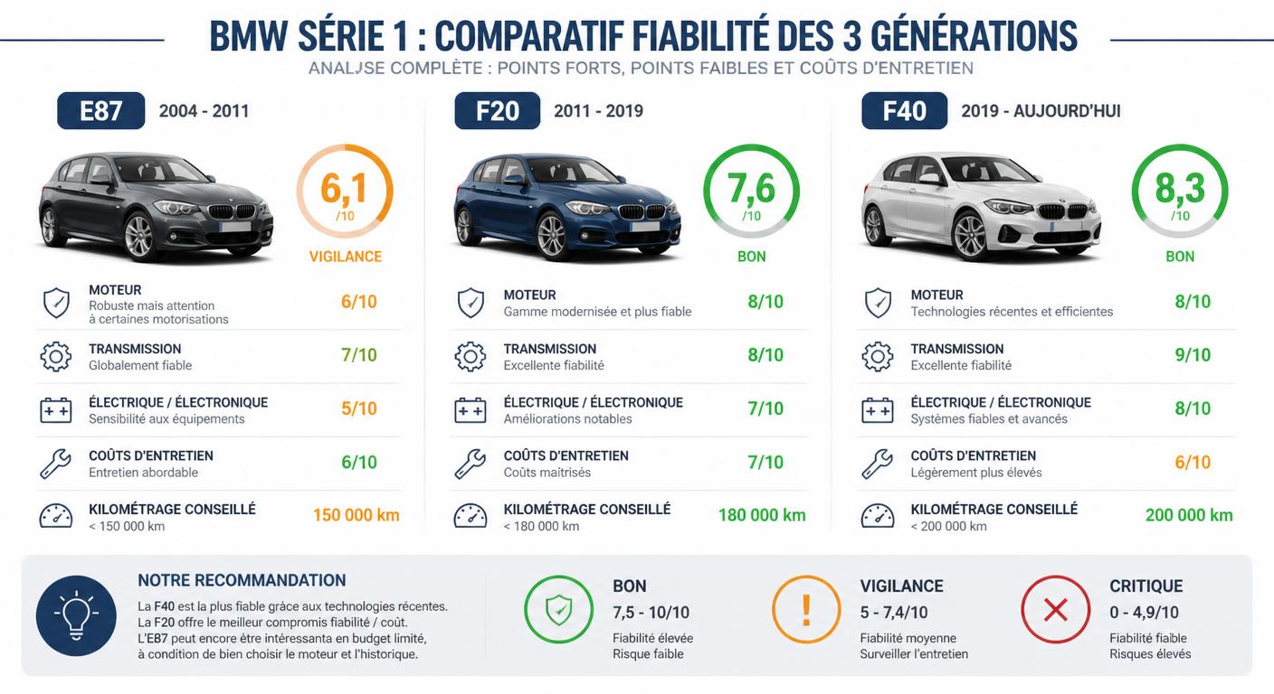 Infographie comparative des trois générations BMW Série 1 et leurs scores de fiabilité
