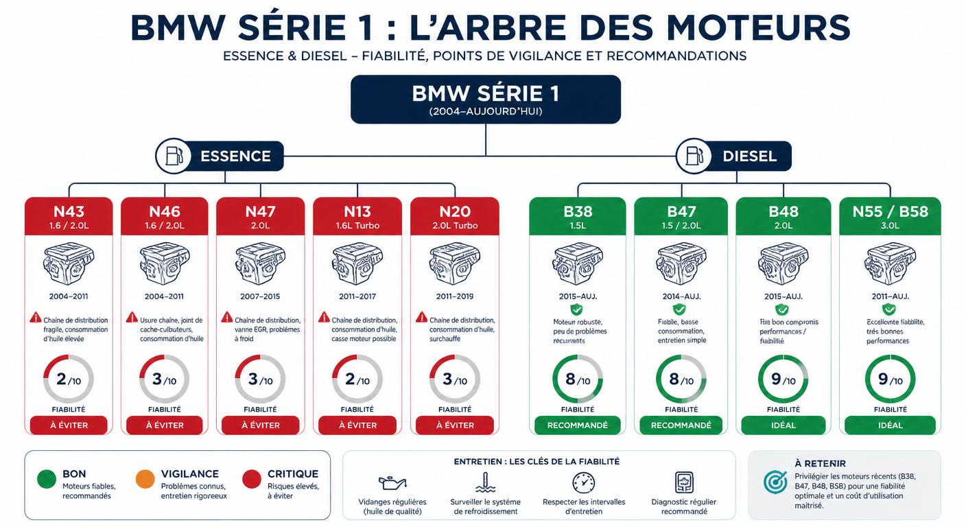 Infographie classant les moteurs BMW Série 1 entre versions à éviter et versions fiables
