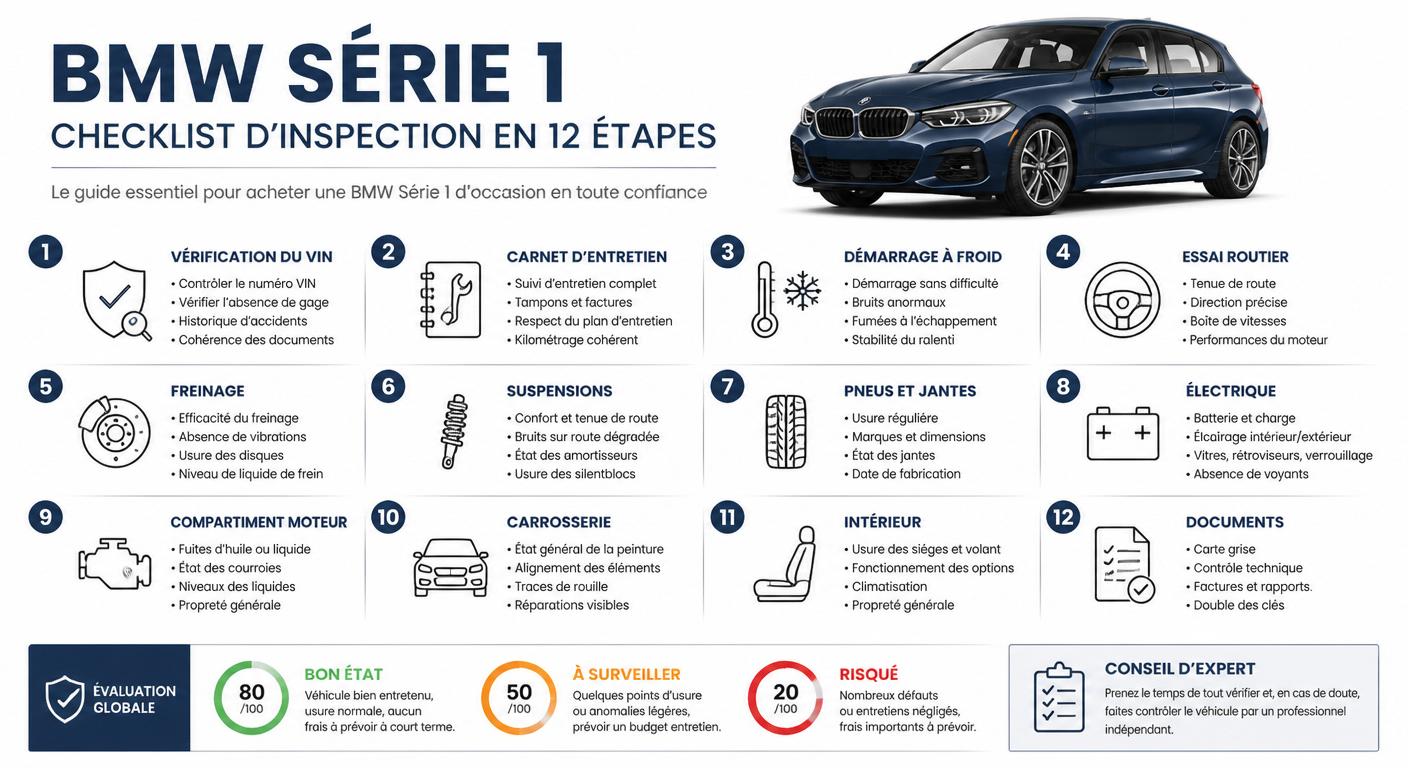 Infographie des 12 étapes d'inspection avant achat d'une BMW Série 1 d'occasion