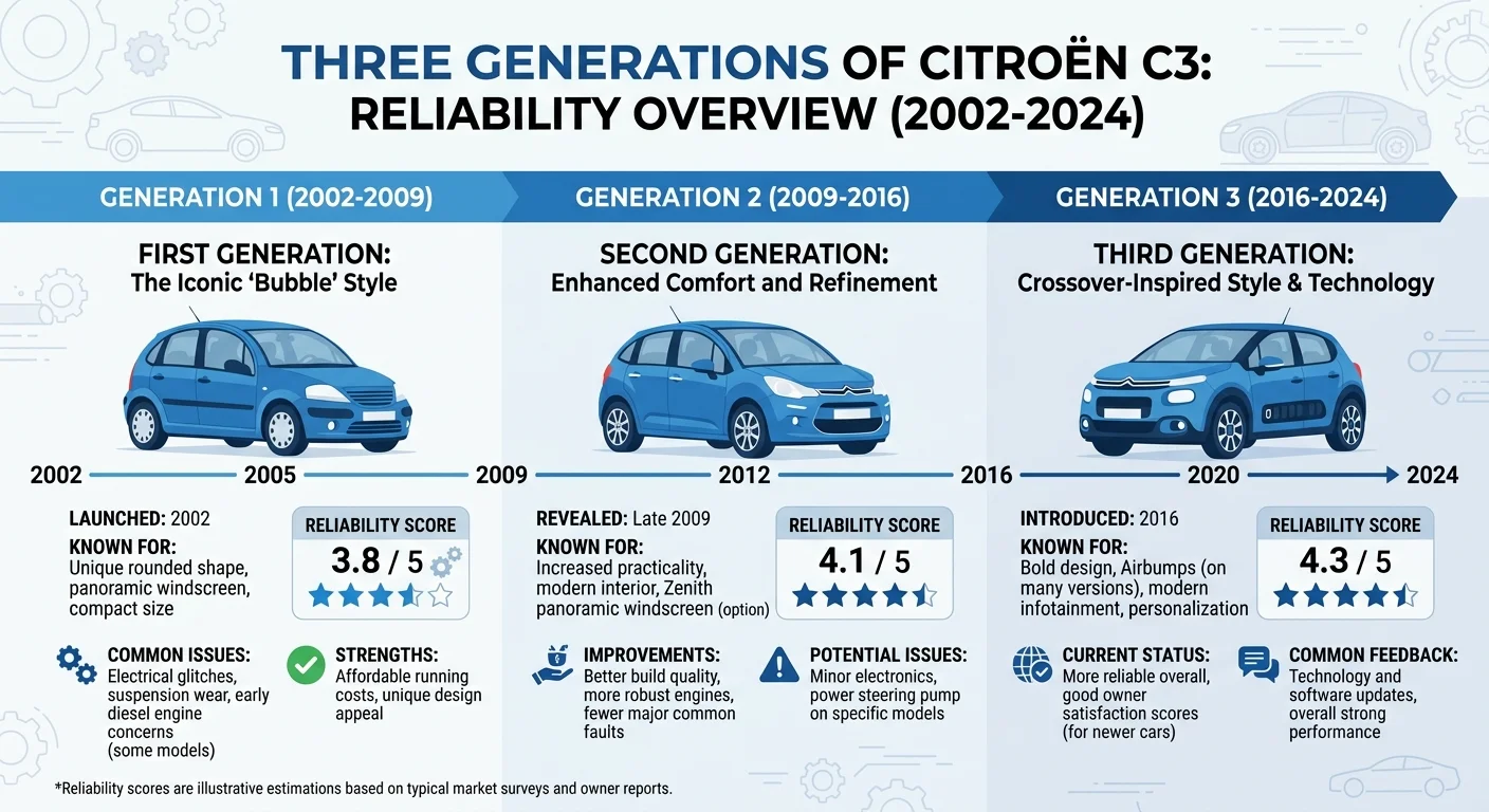 Frise chronologique de la fiabilité Citroën C3 par génération