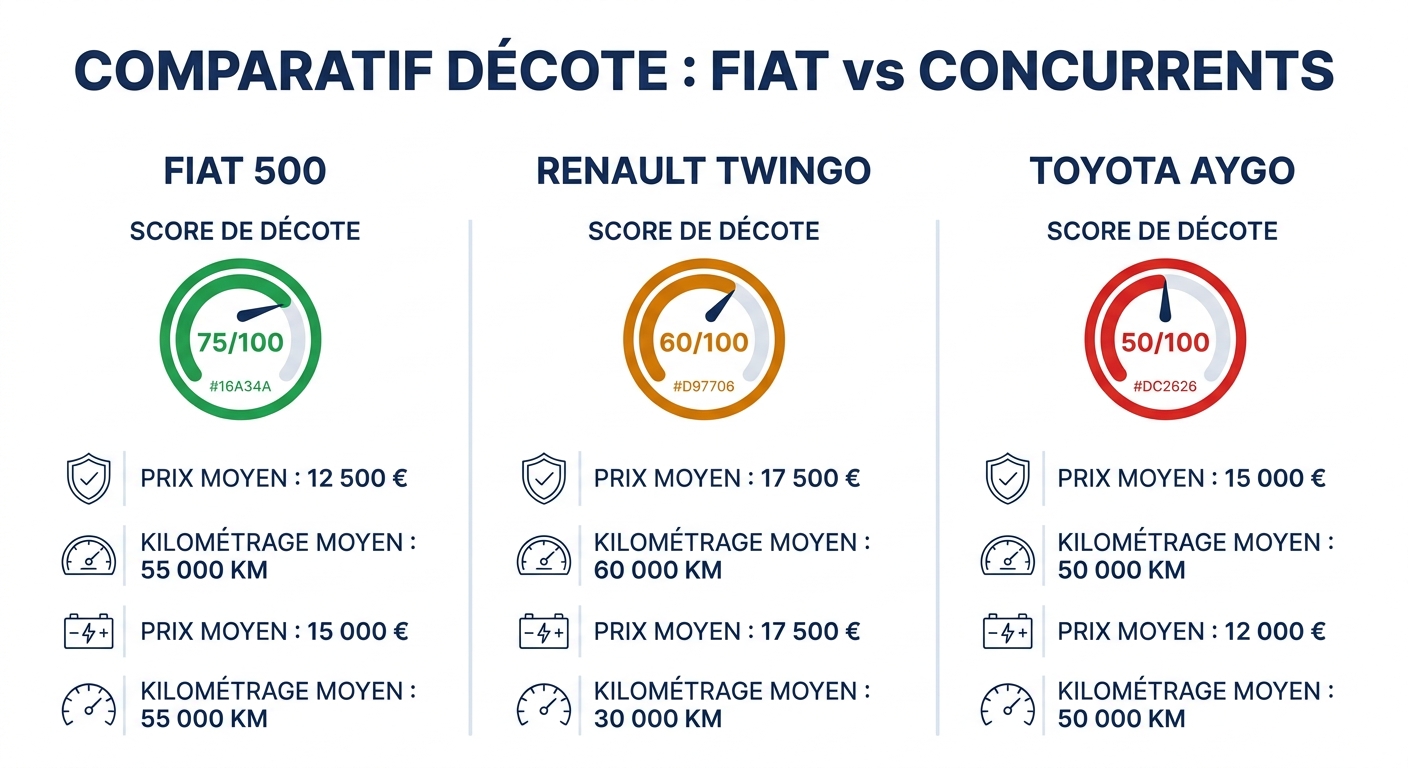 Comparaison de la décote entre Fiat 500, Renault Twingo et Toyota Aygo