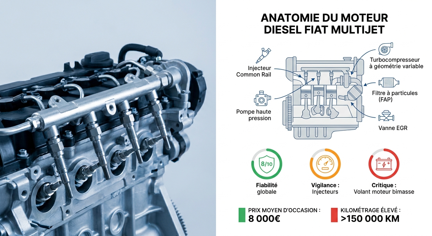 Schema moteur diesel Fiat MultiJet avec points de vigilance