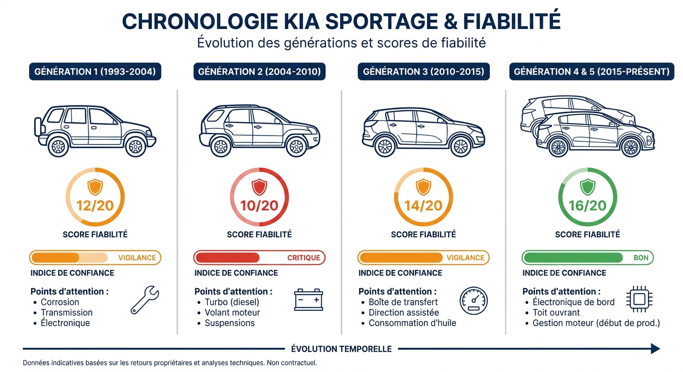 Chronologie des générations Kia Sportage avec indicateurs de fiabilité