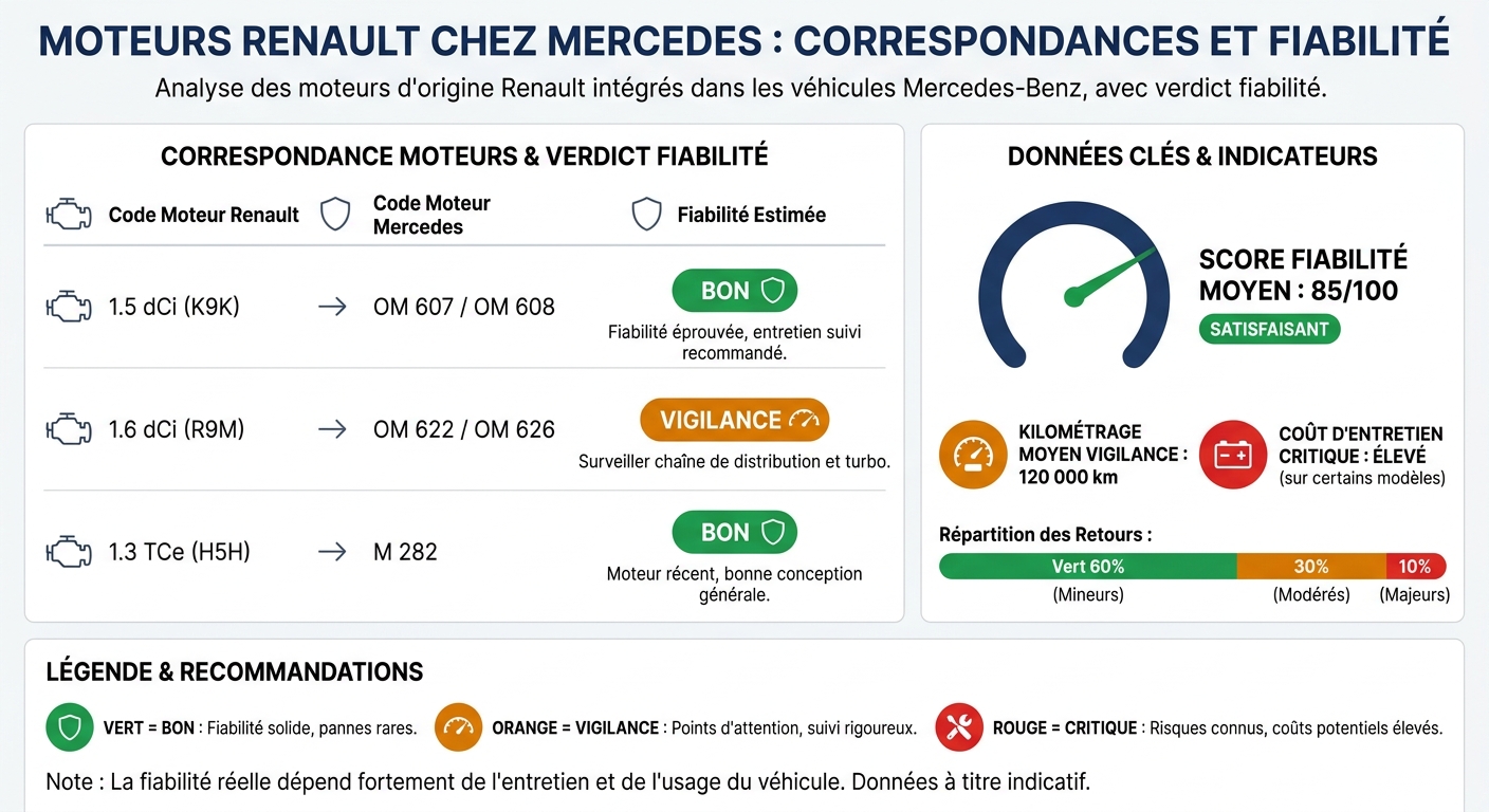 Correspondance moteurs Renault utilisés chez Mercedes avec verdict fiabilité