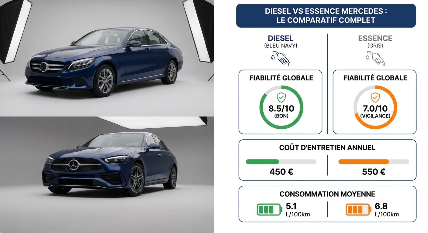 Comparatif fiabilité diesel vs essence Mercedes avec données chiffrées