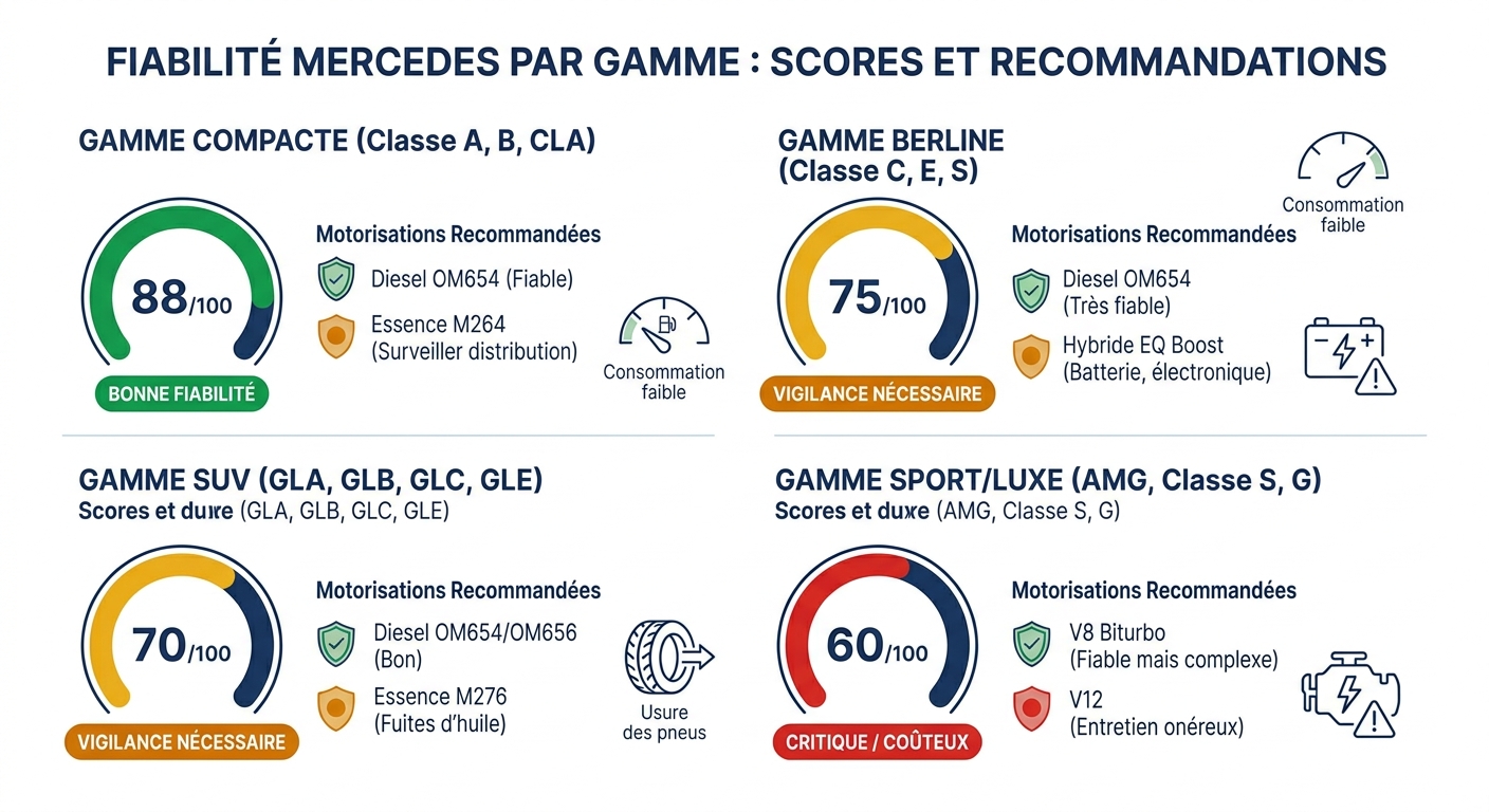 Scores de fiabilité par gamme Mercedes avec motorisations recommandées
