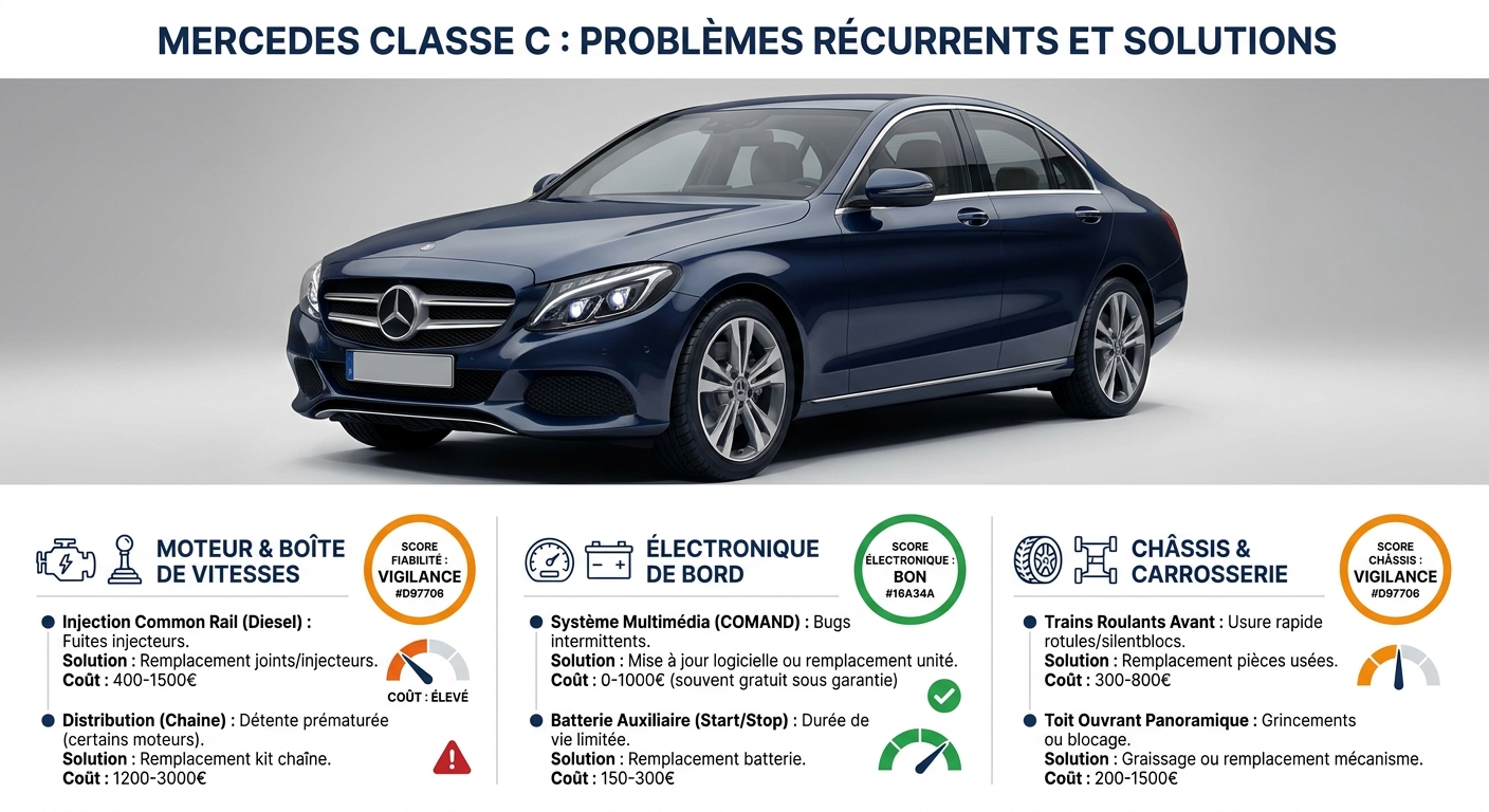 Problèmes récurrents Mercedes Classe C avec solutions et coûts
