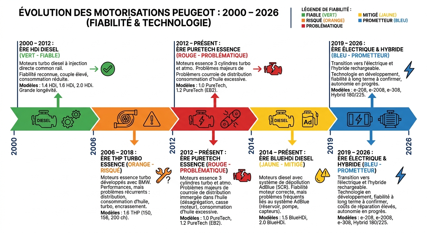 Frise chronologique des motorisations Peugeot de 2000 à 2026 avec indices de fiabilité