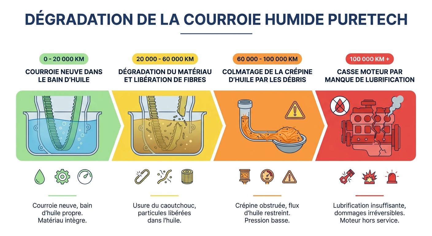 Les 4 étapes de la dégradation de la courroie humide PureTech