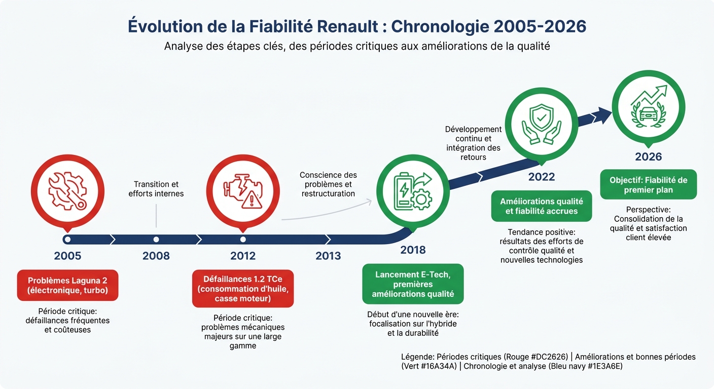 Frise chronologique de l'évolution de la fiabilité Renault de 2005 à 2026