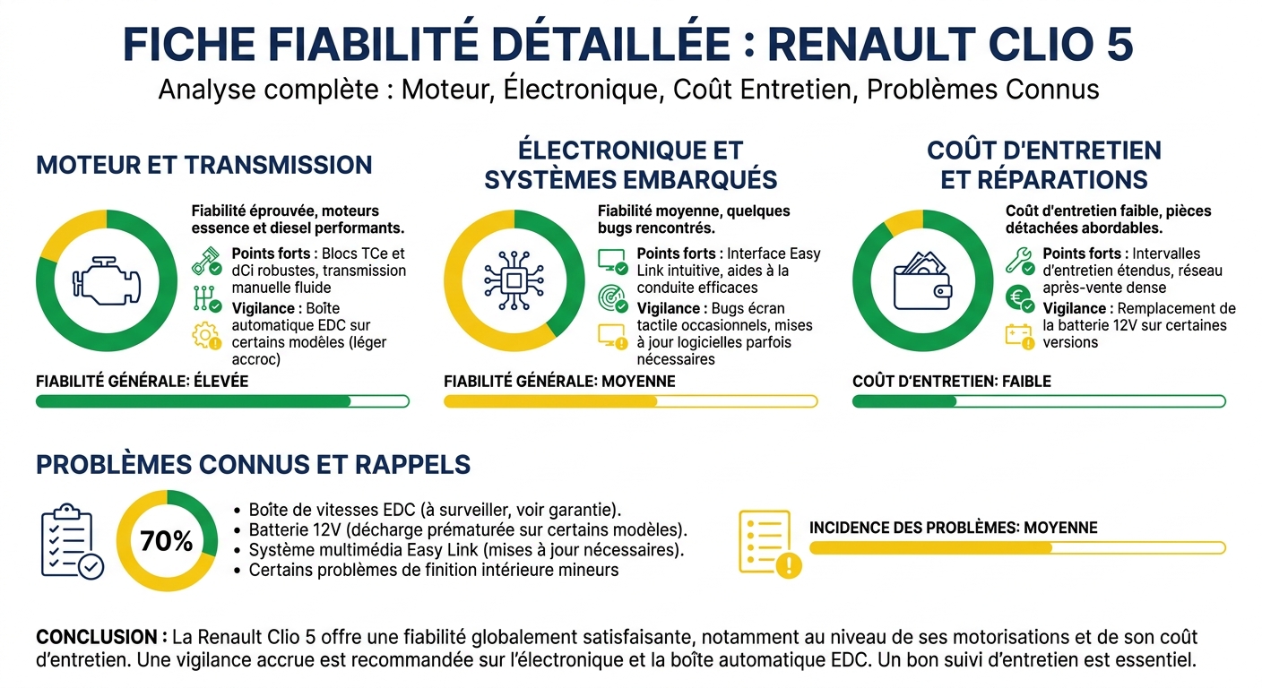 Fiche fiabilité de la Renault Clio 5 avec points forts et points de vigilance