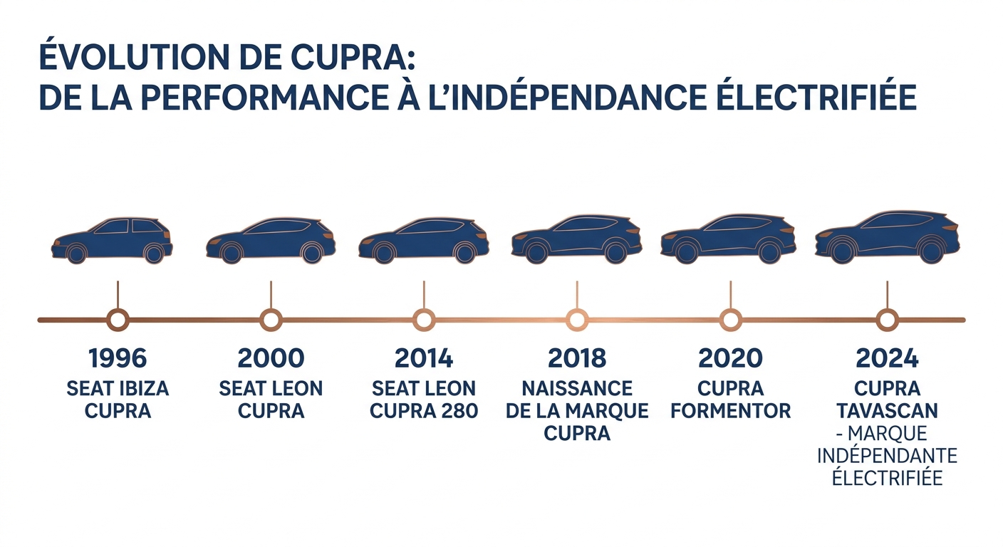 Frise chronologique de l'évolution de la marque Cupra de 1996 à 2024