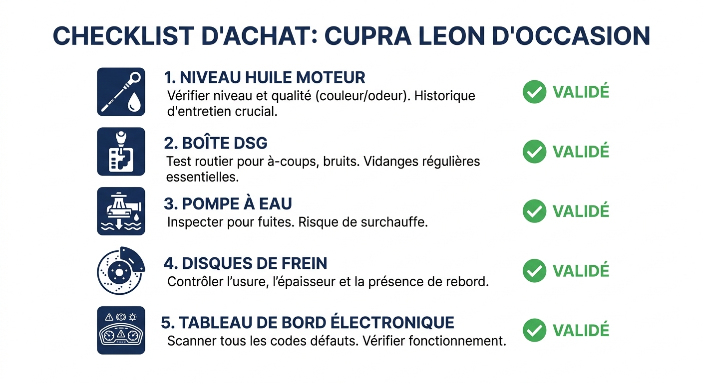 Infographie des 5 points de contrôle essentiels sur une Cupra Leon d'occasion