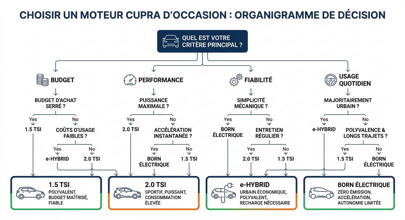 Arbre de décision pour choisir le bon moteur Cupra en occasion selon ses besoins