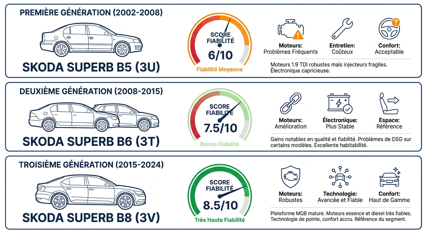 Score de fiabilité Skoda Superb par génération de 2002 a 2024