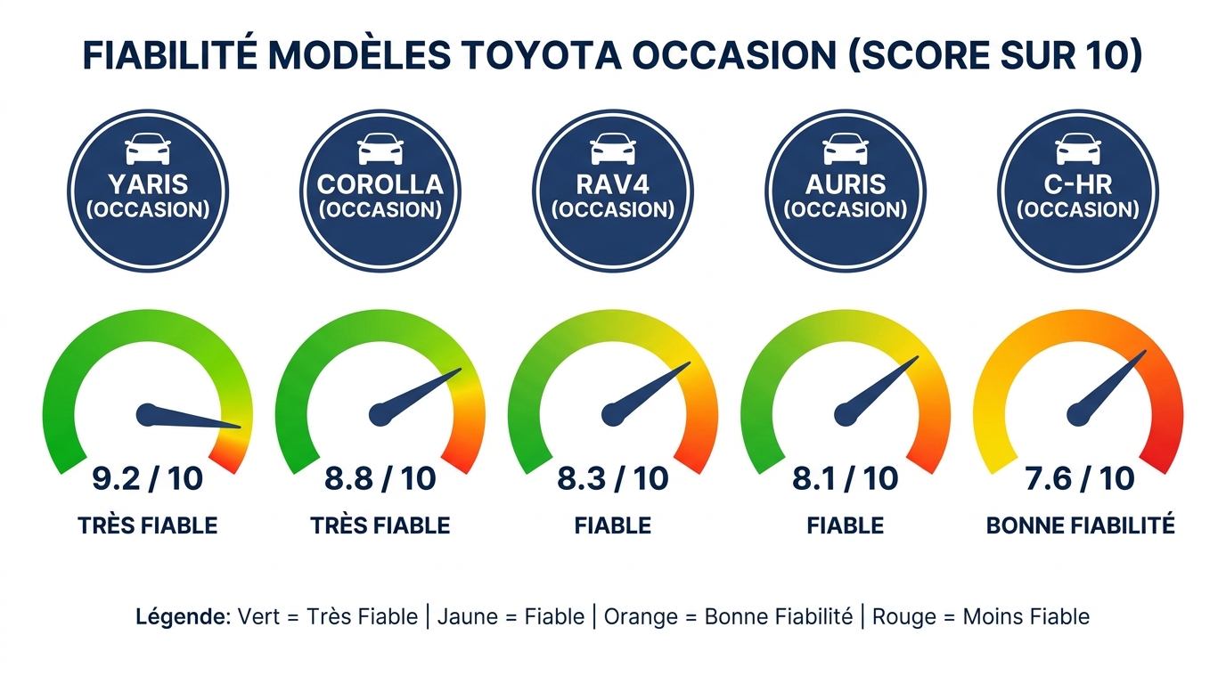 Score de fiabilité sur 10 des cinq modèles Toyota les plus vendus en occasion