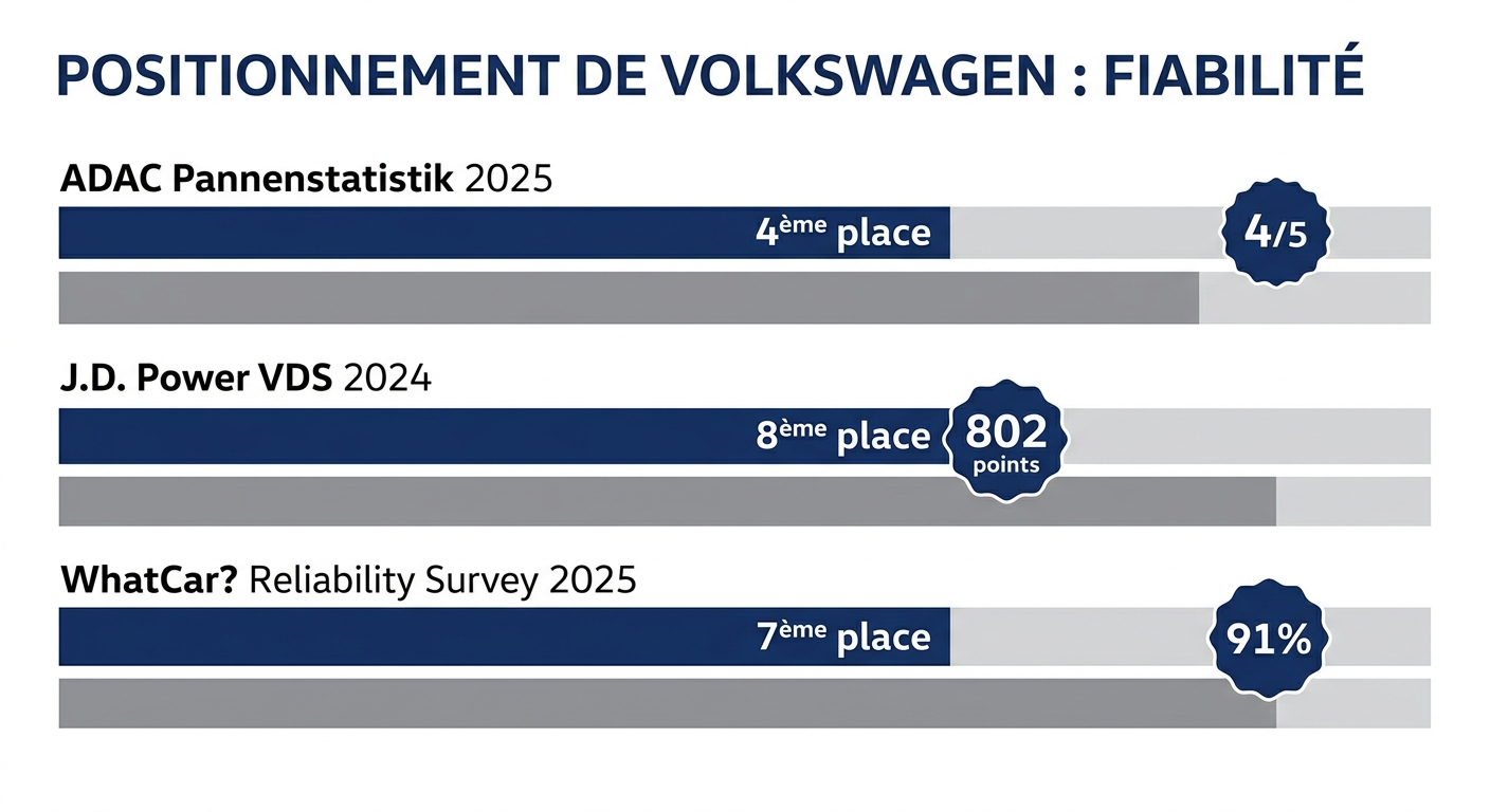 Infographie du positionnement Volkswagen dans les classements de fiabilité ADAC, J.D. Power et WhatCar en 2025/2024/2025