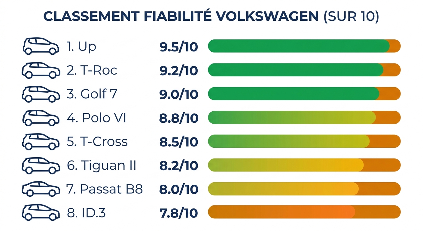 Classement des 8 modèles Volkswagen les plus fiables avec leurs scores de fiabilité