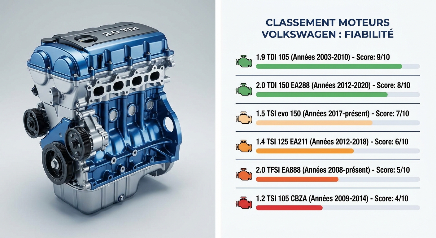 Classement de fiabilité des moteurs Volkswagen du 1.9 TDI au 1.2 TSI avec scores et périodes