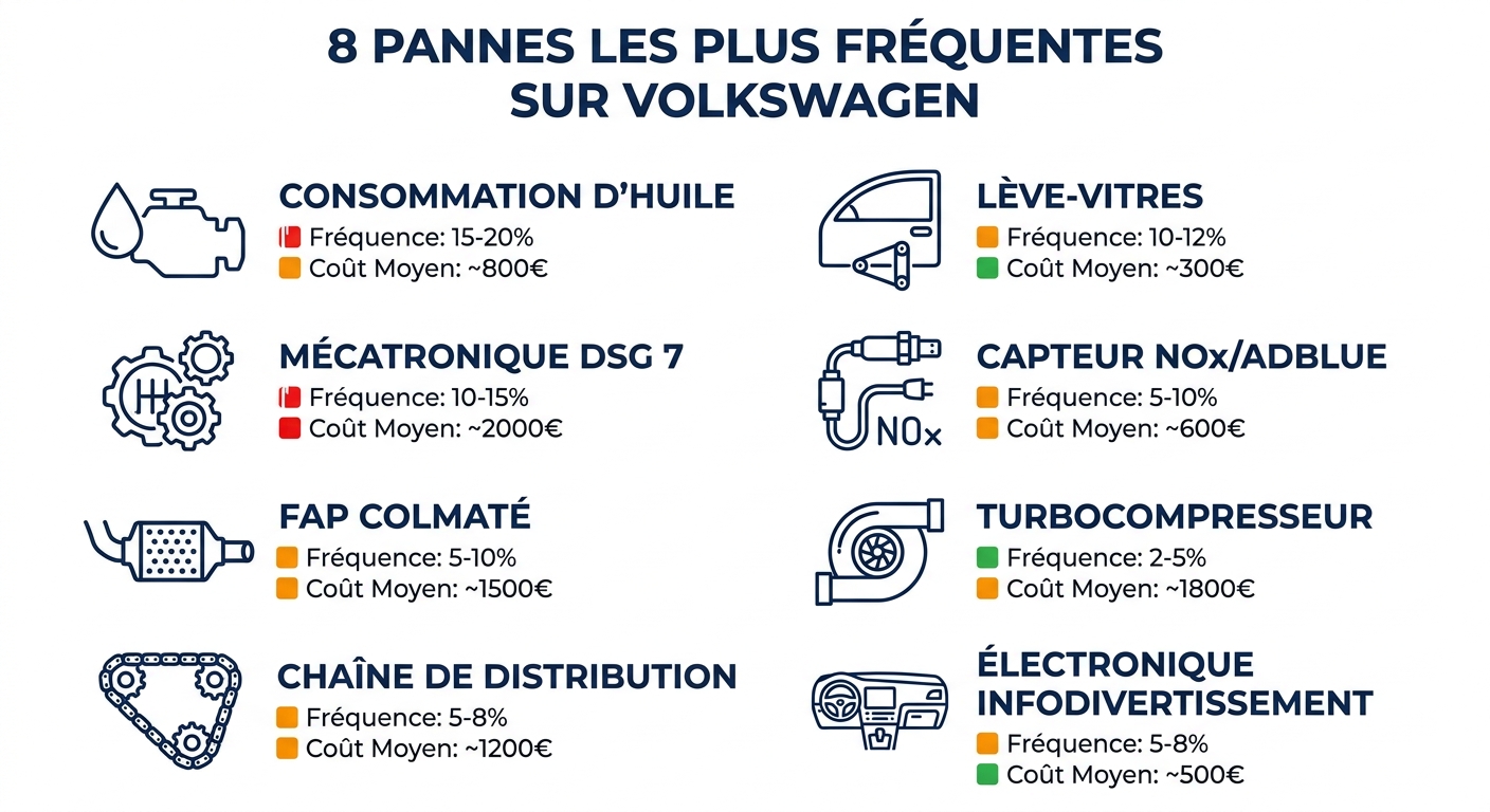 Infographie des 8 pannes les plus fréquentes sur les Volkswagen avec fréquence et coût moyen