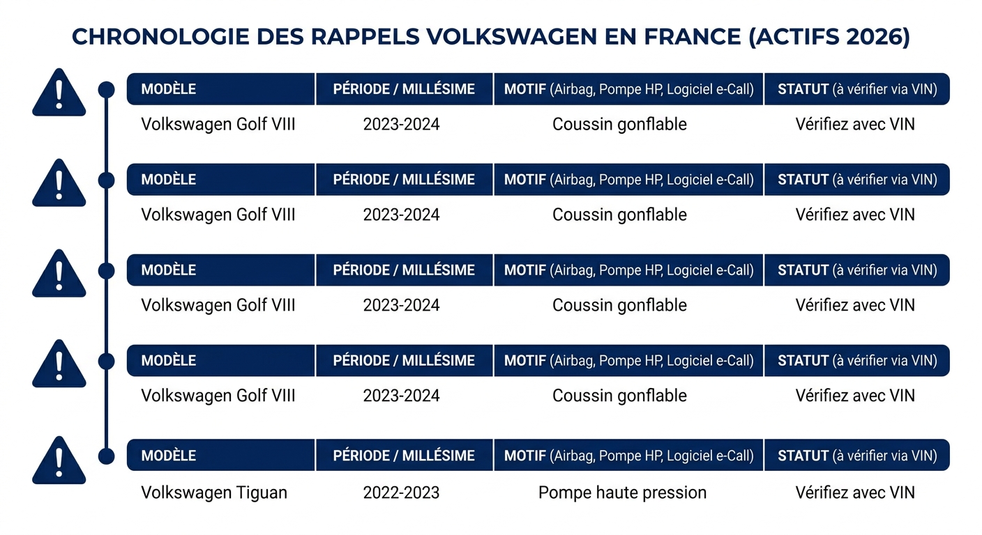 Timeline des rappels constructeur Volkswagen actifs en France en 2026 avec modèles et motifs